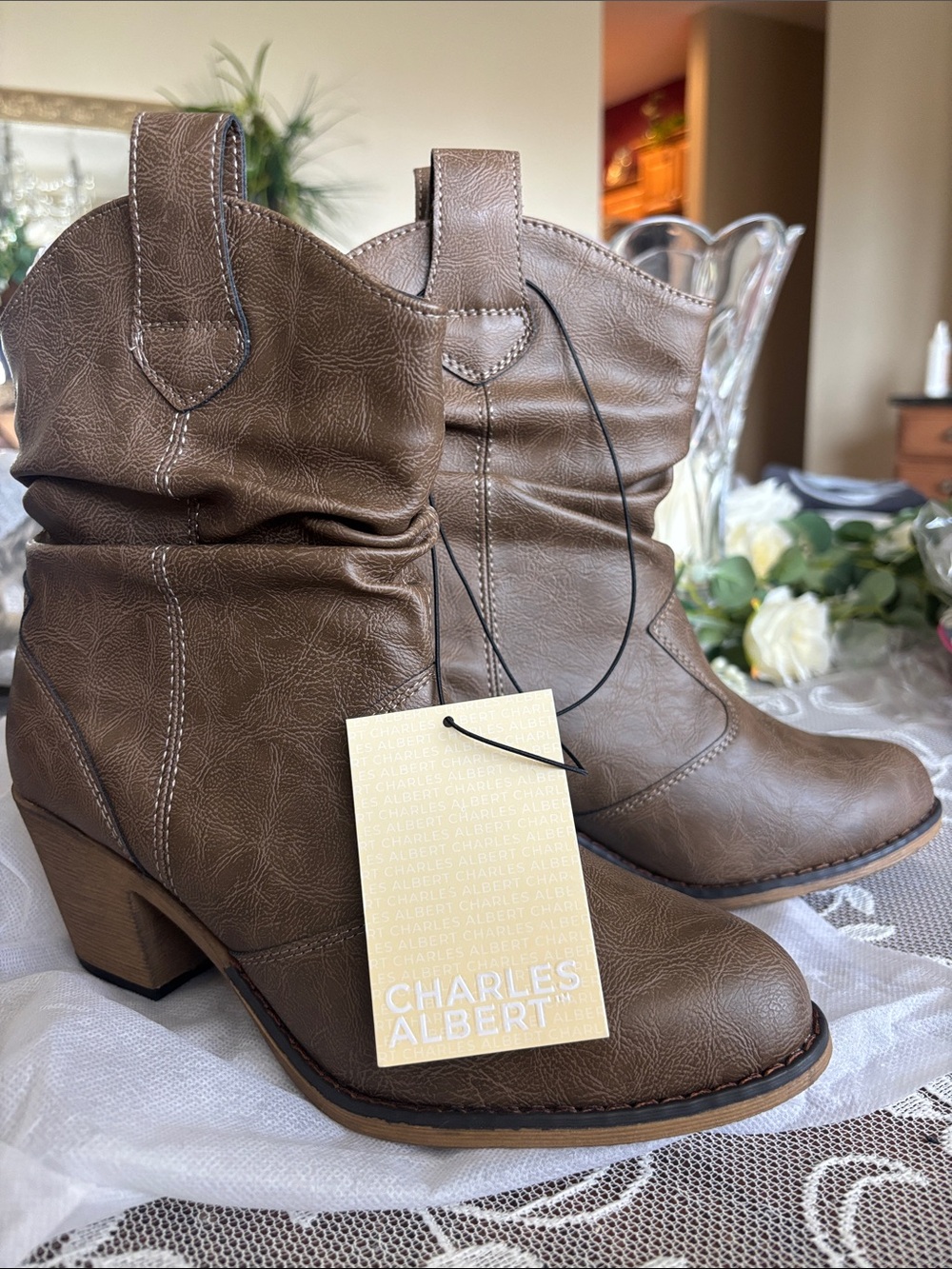 NEW Charles Albert Brown Slouchy Western Ankle Boots, Size 9 Women’s